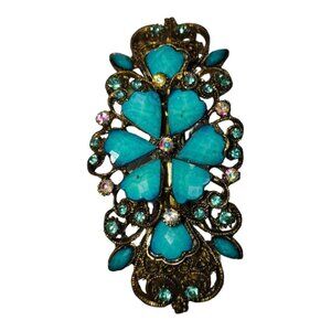 Vintage Ornate Gold & Turquoise Barrette With Rhinestones Womens Accessory